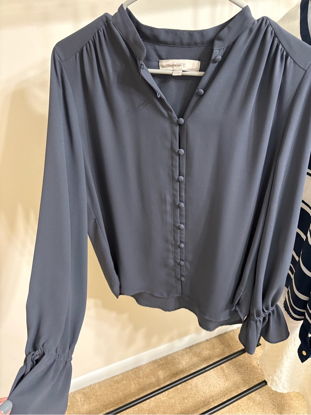 LOFT Slate Covered-Button Long Sleeve Blouse